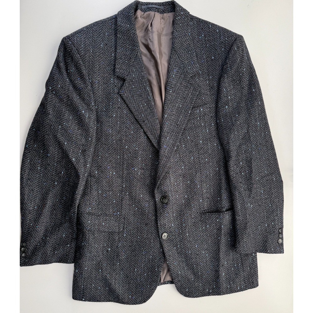 Vtg CAVELLI Wool Blazer Mens 42 Short Sport Coat Blue Flecked‎ Tweed Herringbone